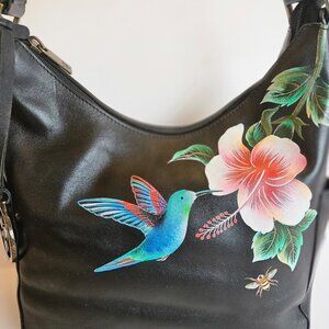 Black Anuschka classic hobo bag, flower/hummingbird design